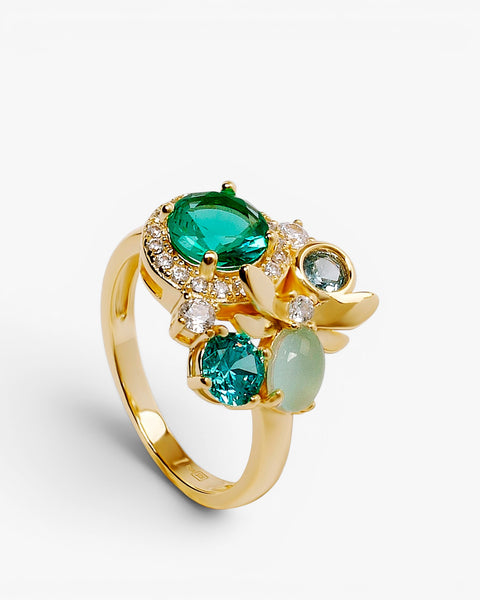 Dragonfly ring in silver, gold, green and blue