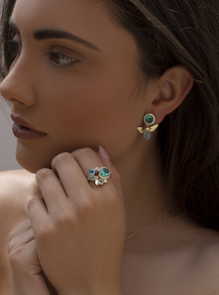 Anillo libélula de plata oro verde y azul