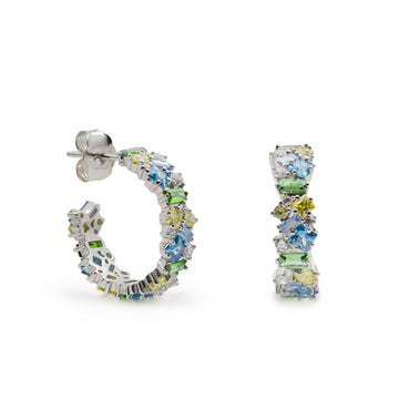 Boucles d'oreilles créoles en argent ornées de pierres bleues, vertes et jaunes