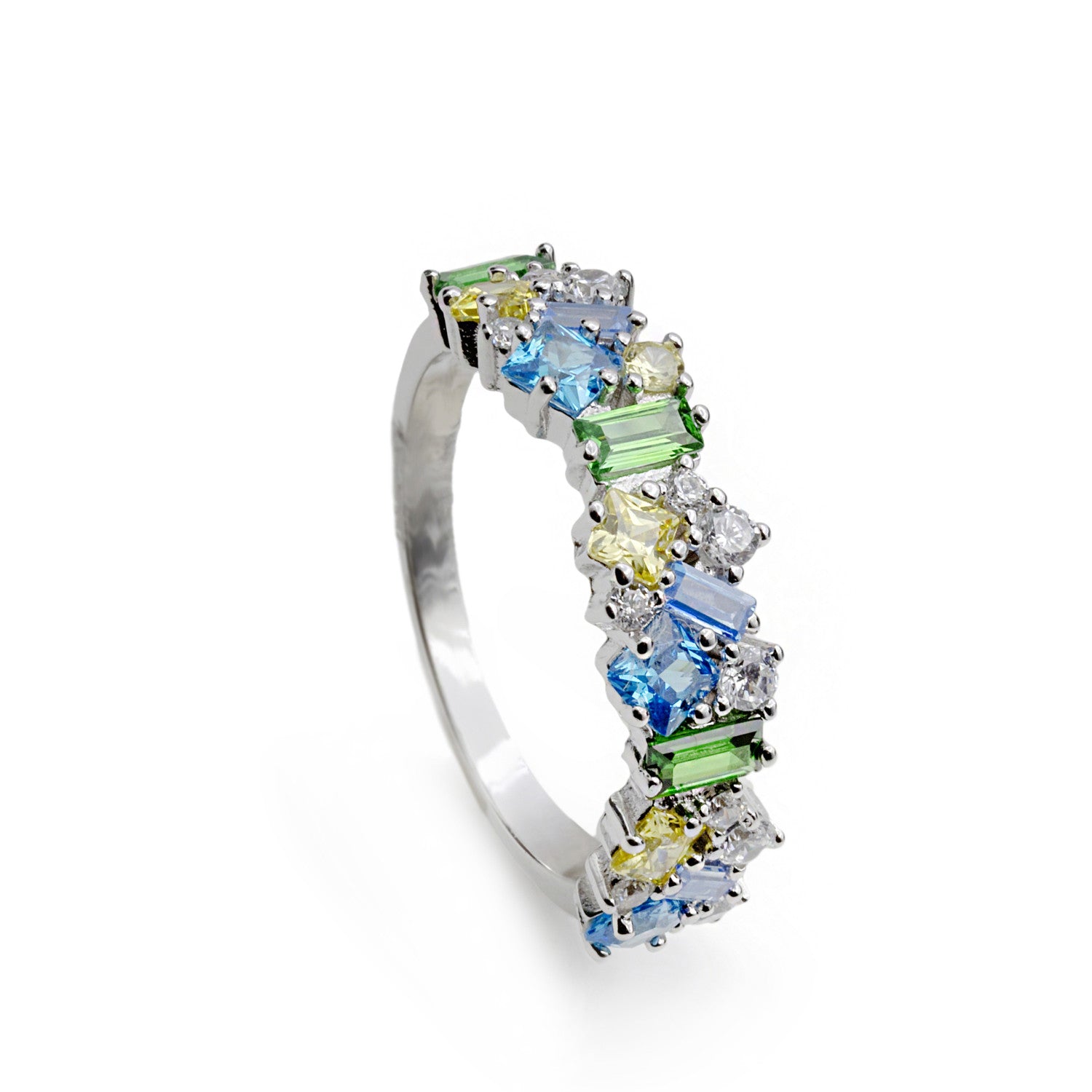 Bague en argent ornée de pierres multicolores dans les tons de bleu, vert et jaune