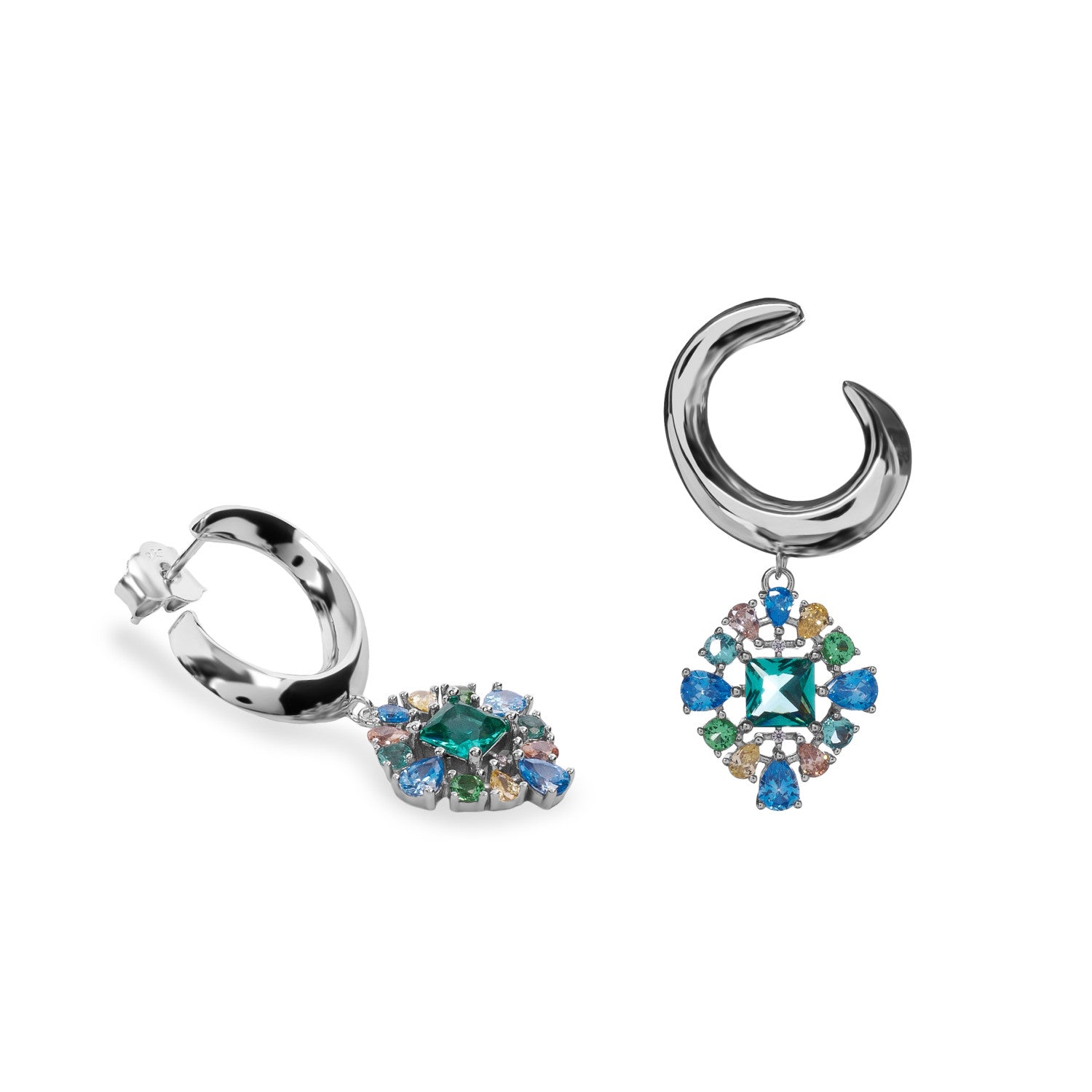 Pendientes asimétricos de plata 925 con circonitas multicolor