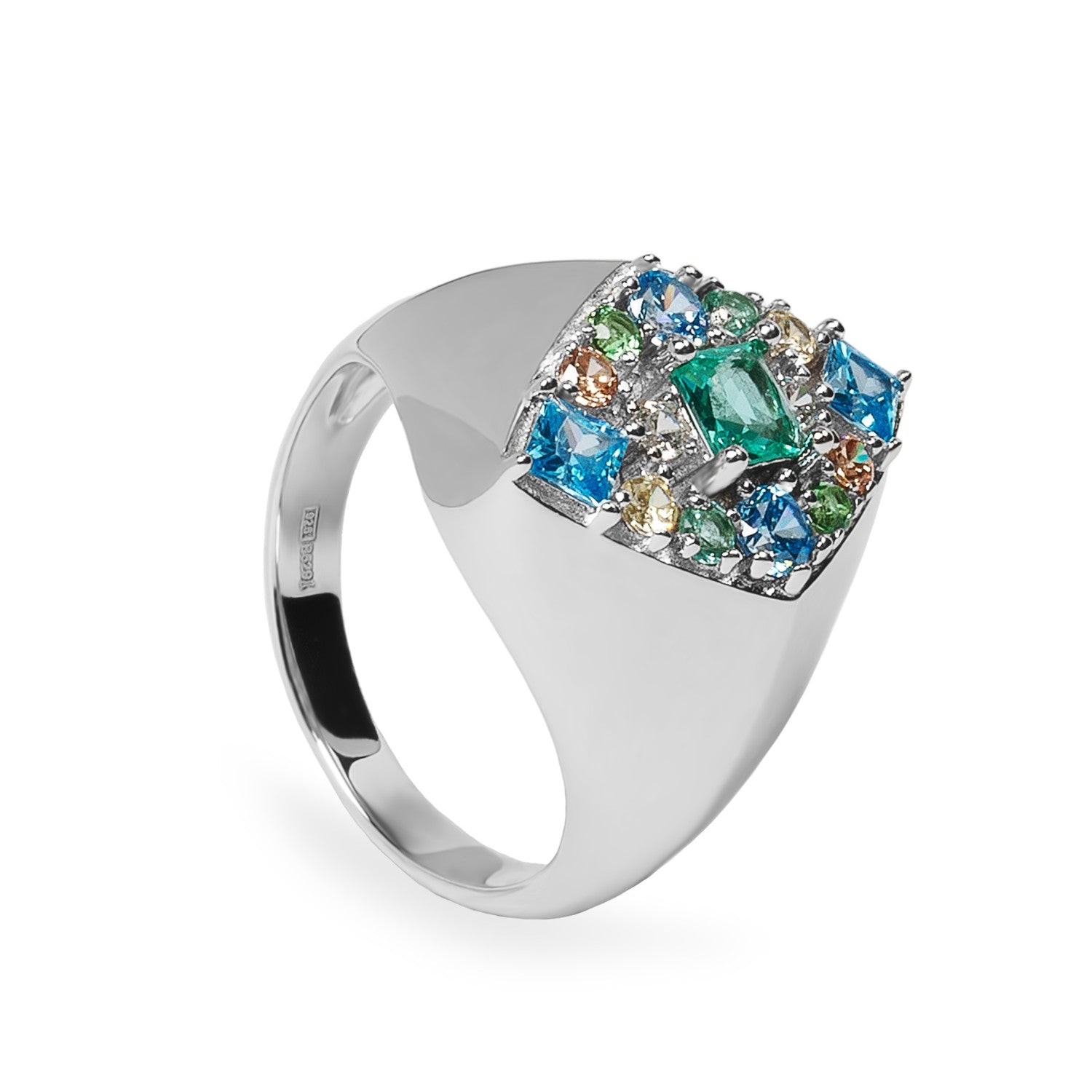 Anillo sello de plata con circonitas multicolor azul y verde