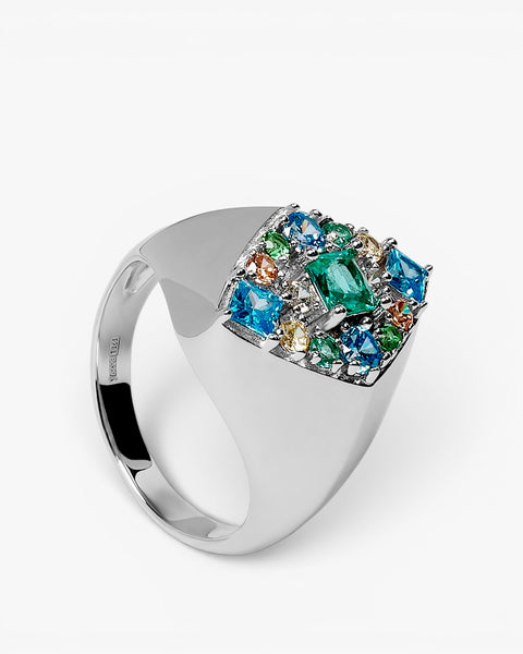 Anillo sello de plata con circonitas multicolor azul y verde