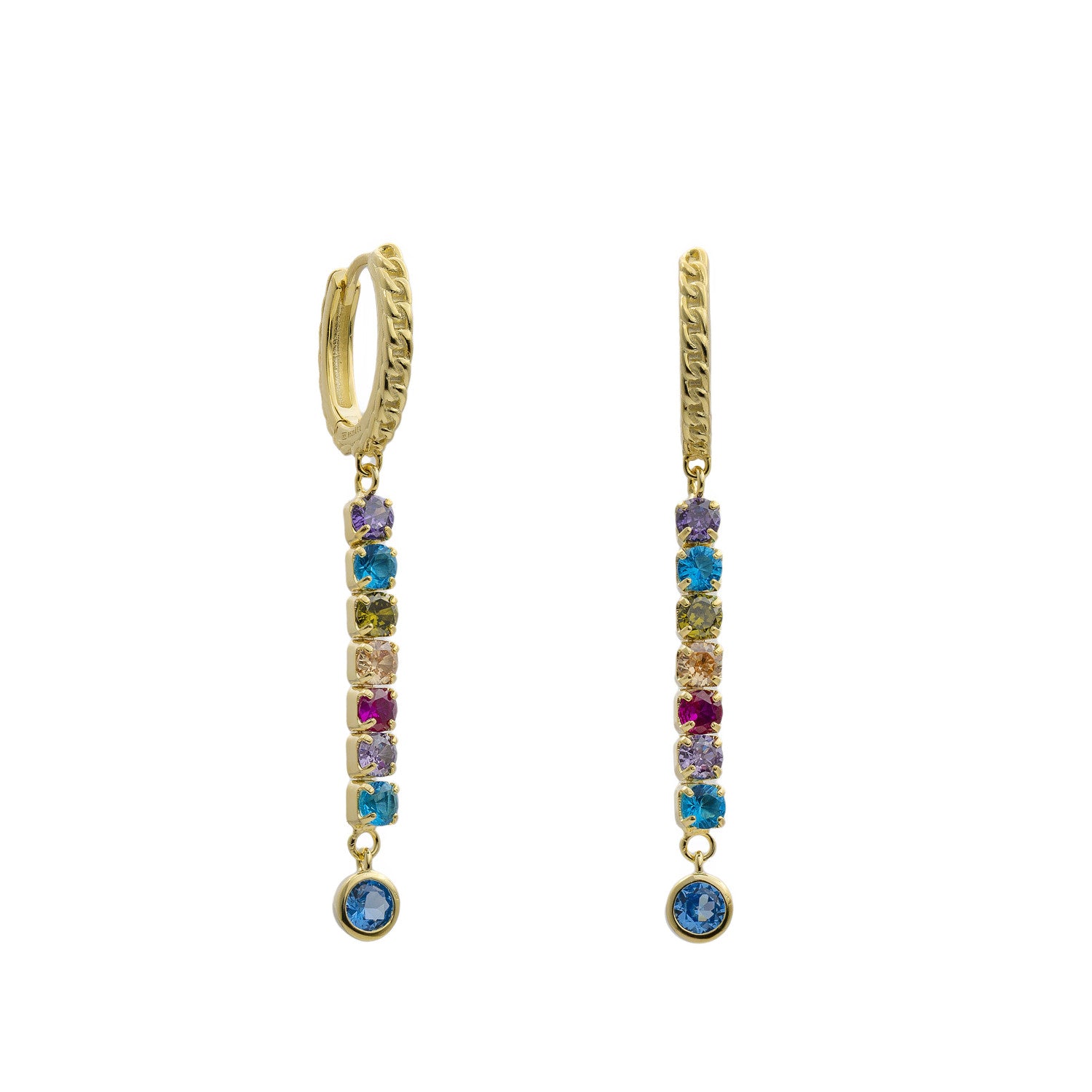 Pendientes largos de plata 925 con circonitas multicolor y piedra azul