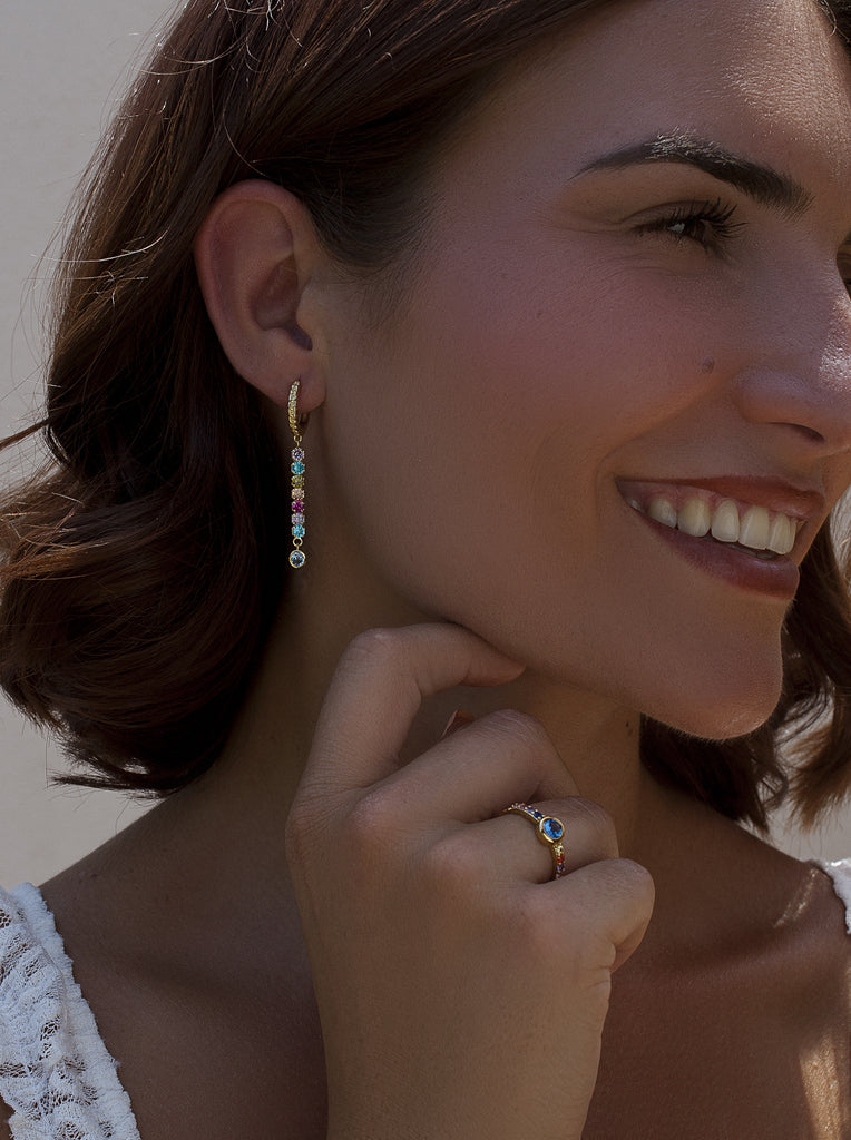 Pendientes largos de plata 925 con circonitas multicolor y piedra azul