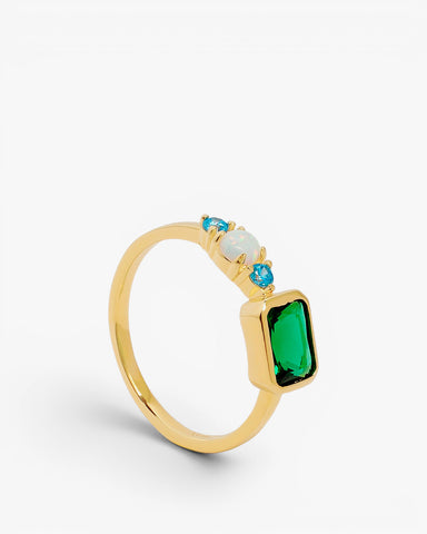Bague en argent avec opale, pierres bleues et pierre verte rectangulaire