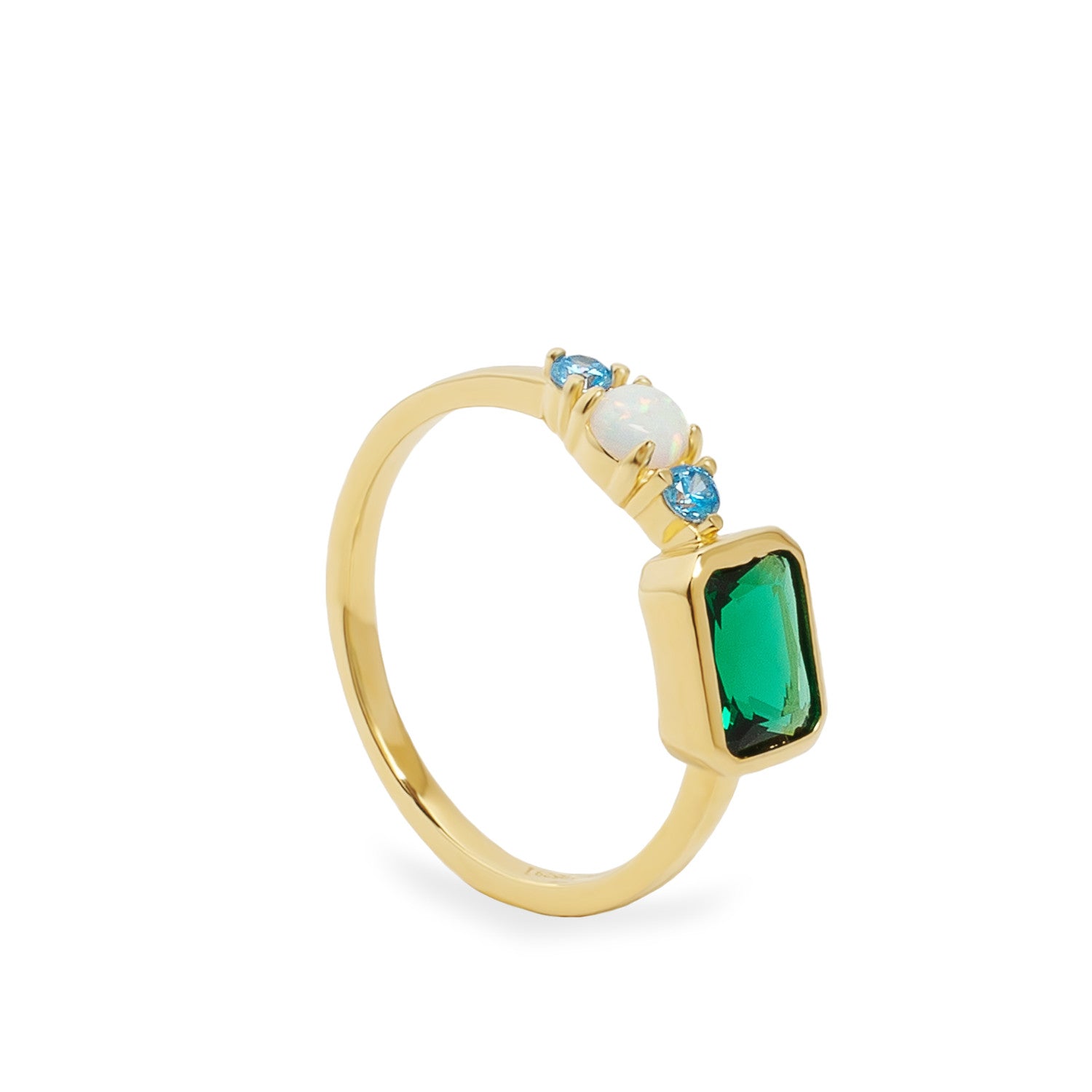Anillo de plata con ópalo piedras azules y piedra verde rectangular