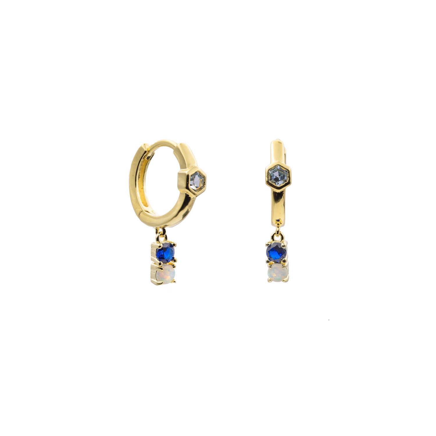 Pendientes aro de plata de ley dorada con piedras azul gris y ópalo