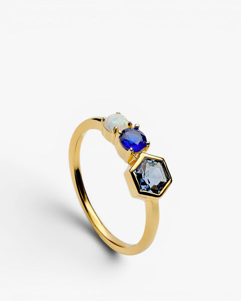 Gold-plated sterling silver ring with blue hexagonal stone and opal