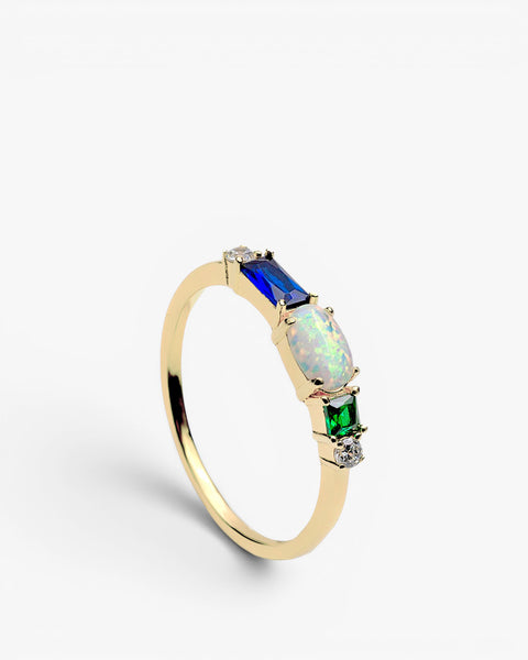 Gold-plated sterling silver ring with blue and green opal stone