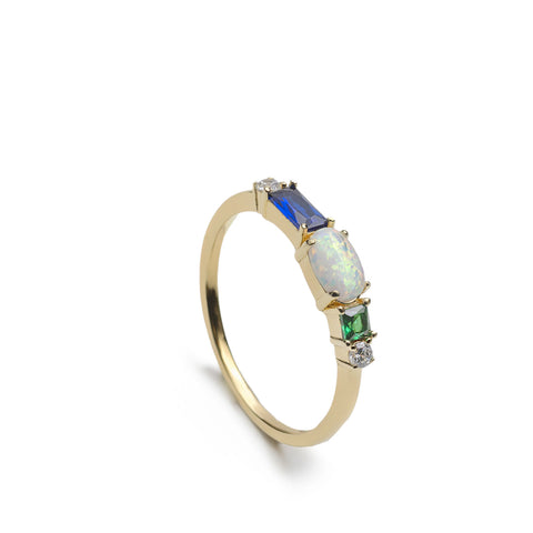 Anillo de plata de ley dorada con ópalo  piedra azul y verde
