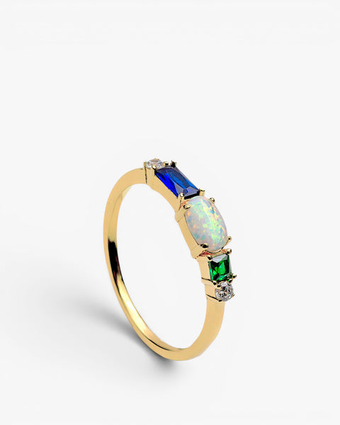 Anillo de plata de ley dorada con ópalo  piedra azul y verde