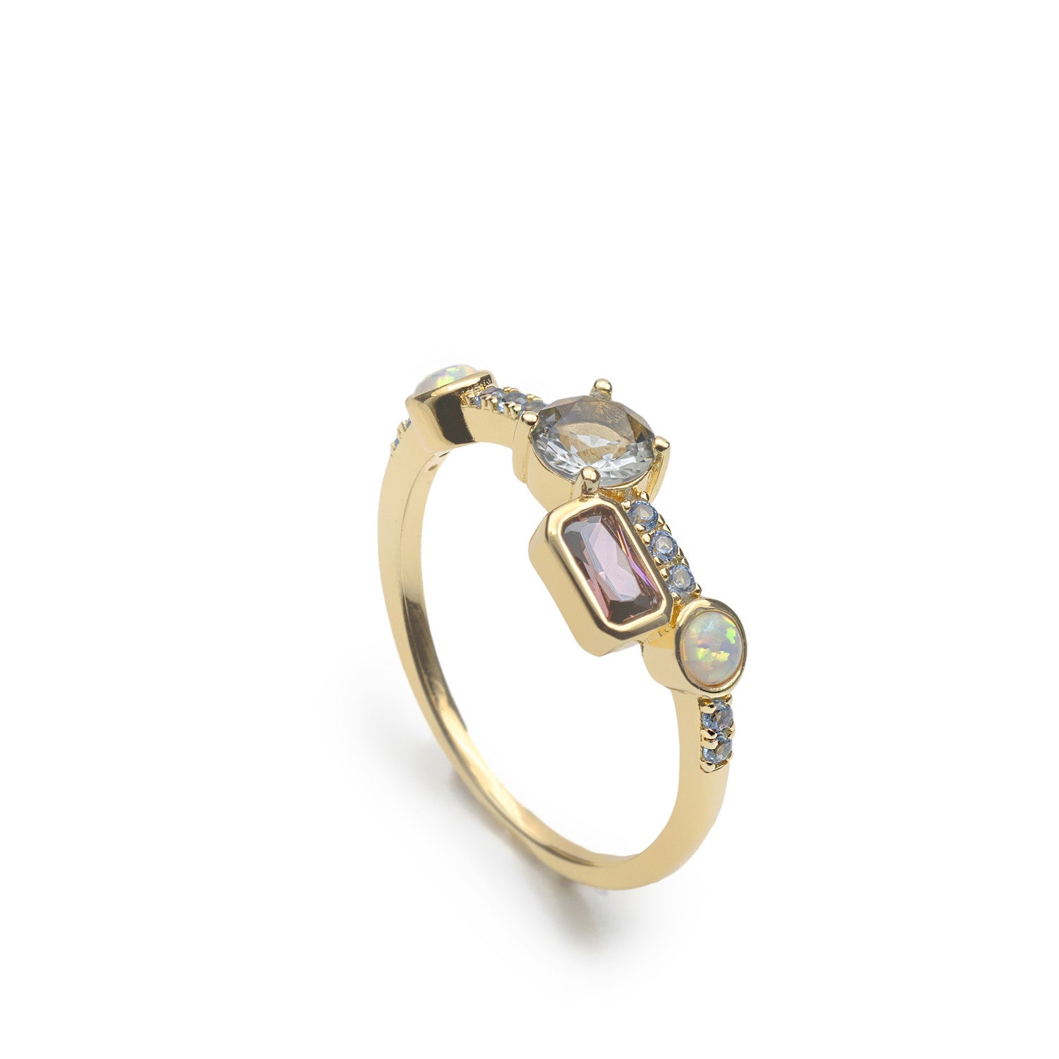 Anillo de plata de ley dorada con piedras ópalo azul y malva
