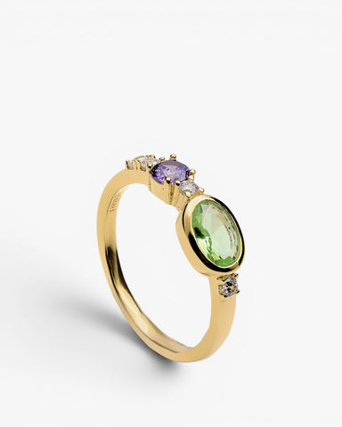 Bague en argent sterling plaqué or avec pierre verte ovale et oxydes de zirconium