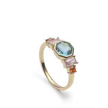 Gold-plated sterling silver ring with octagonal blue pink and orange stones