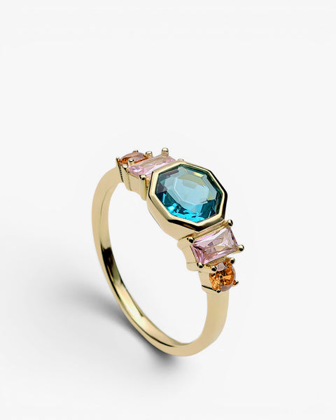Gold-plated sterling silver ring with octagonal blue, pink, and orange stones