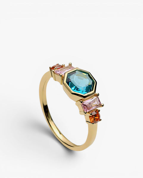 Gold-plated sterling silver ring with octagonal blue  pink and orange stones