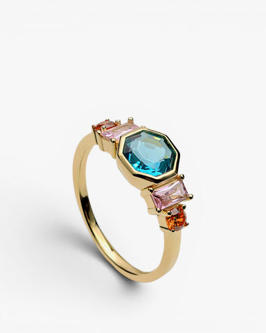 Bague en argent sterling plaqué or avec pierres octogonales bleues, roses et oranges