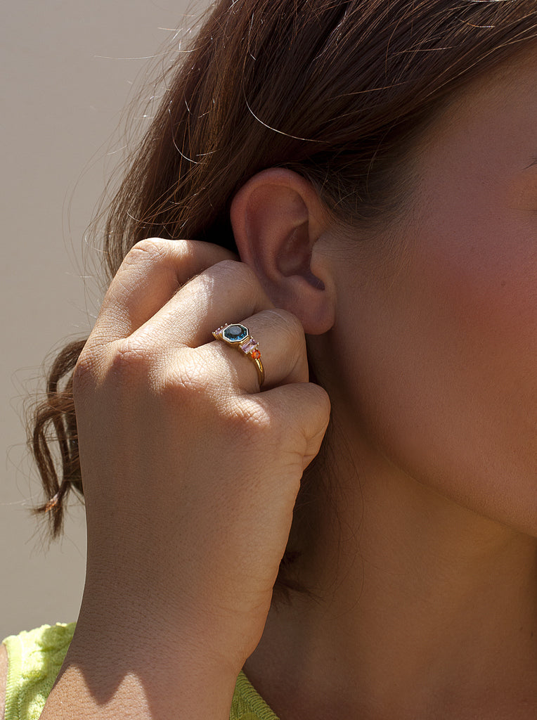 Gold-plated sterling silver ring with octagonal blue pink and orange stones