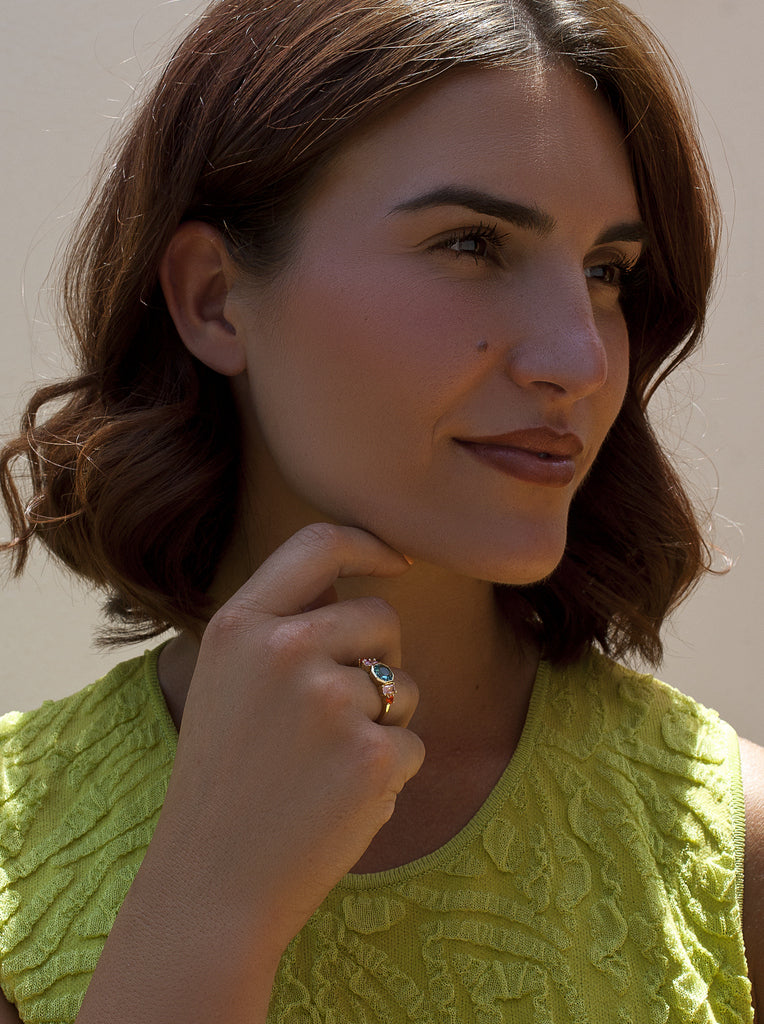 Gold-plated sterling silver ring with octagonal blue pink and orange stones