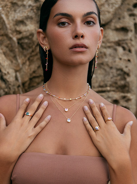 Gold-plated sterling silver ring with octagonal blue pink and orange stones