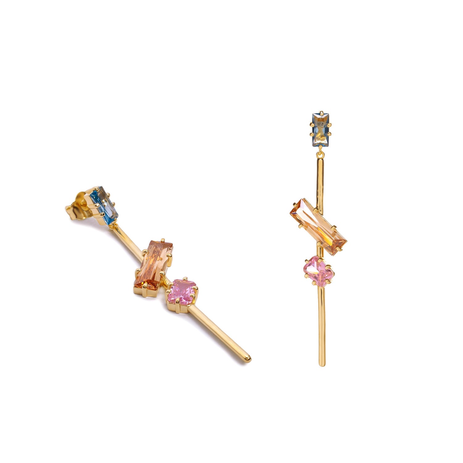 Pendientes largos de plata de ley con piedras baguette multicolor