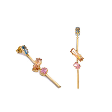Pendientes largos de plata de ley con piedras baguette multicolor