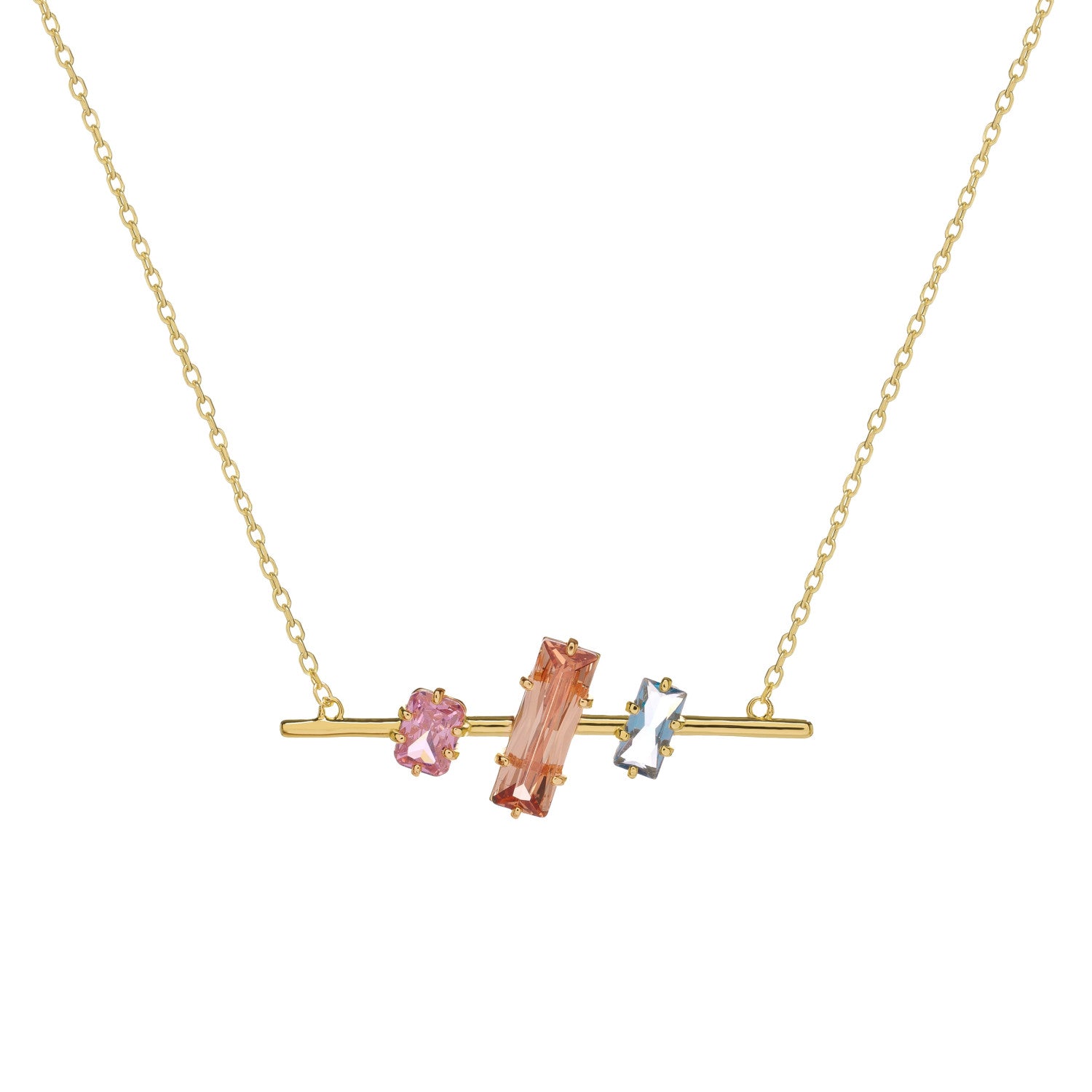 Collar de plata croma con piedras de colorescollar de plata de ley dorada con barra y piedras multicolor