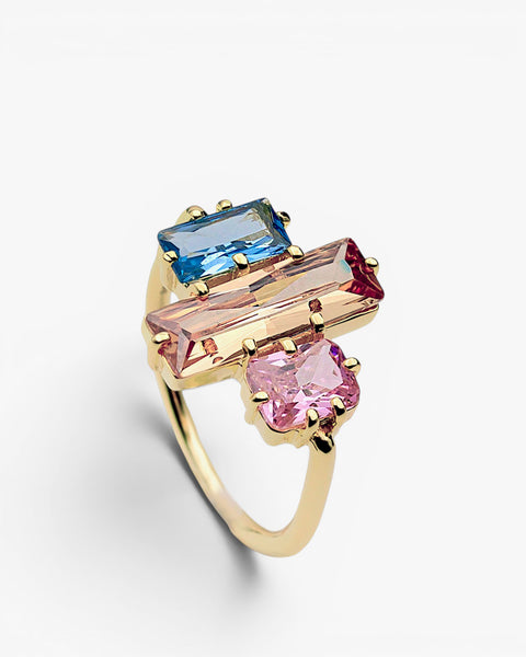 Gold-plated sterling silver ring with geometric multi-colored stones