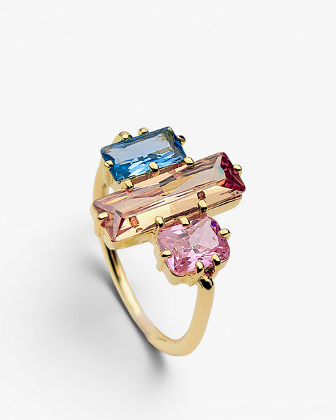 Anillo de plata de ley dorada con piedras geométricas multicolor