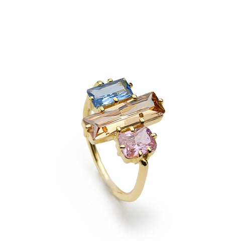 Anillo de plata de ley dorada con piedras geométricas multicolor