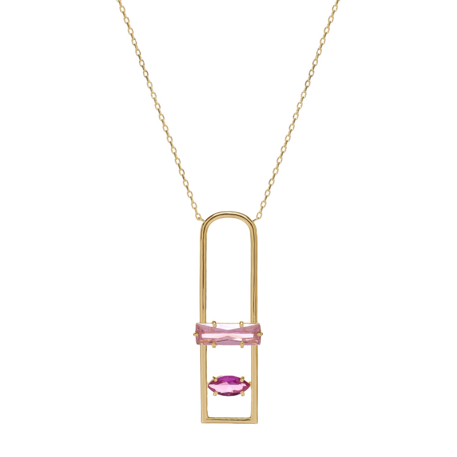 Collar de plata de ley dorada con colgante rectangular y piedras rosas