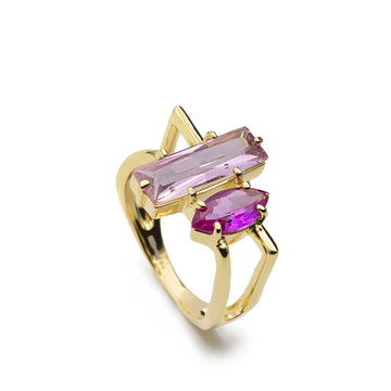 Anillo de plata de ley dorada con piedra baguette rosa y marquesa fucsia