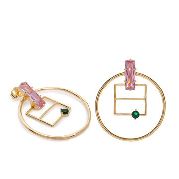 Pendientes de plata de ley dorada con piedra rosa baguette y circonita verde