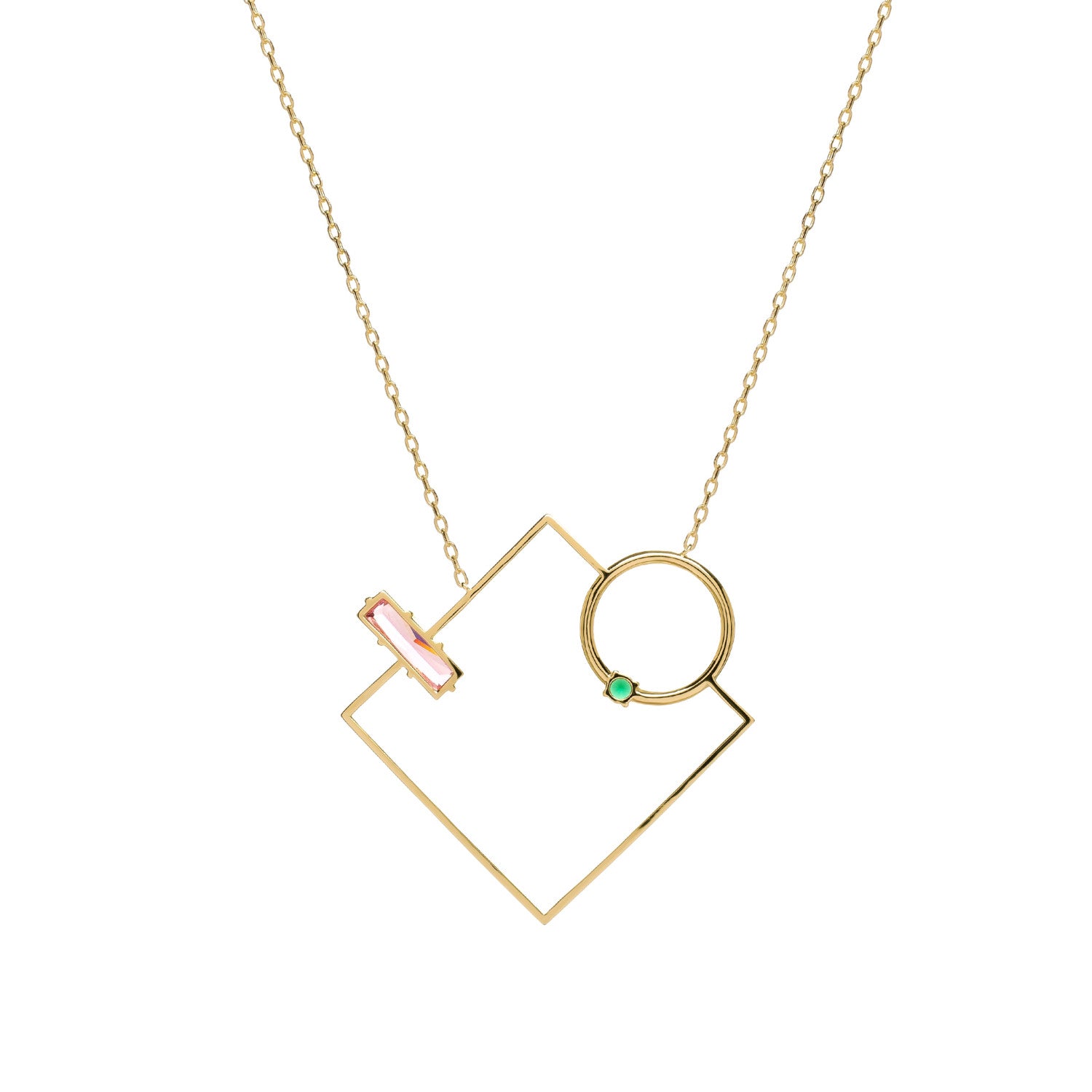 Collar de plata de ley dorada con colgante geométrico piedra rosa y verde