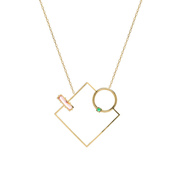 Collar de plata de ley dorada con colgante geométrico piedra rosa y verde