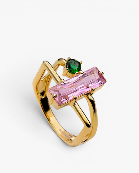 Gold-plated sterling silver ring with pink baguette stone and green cubic zirconia