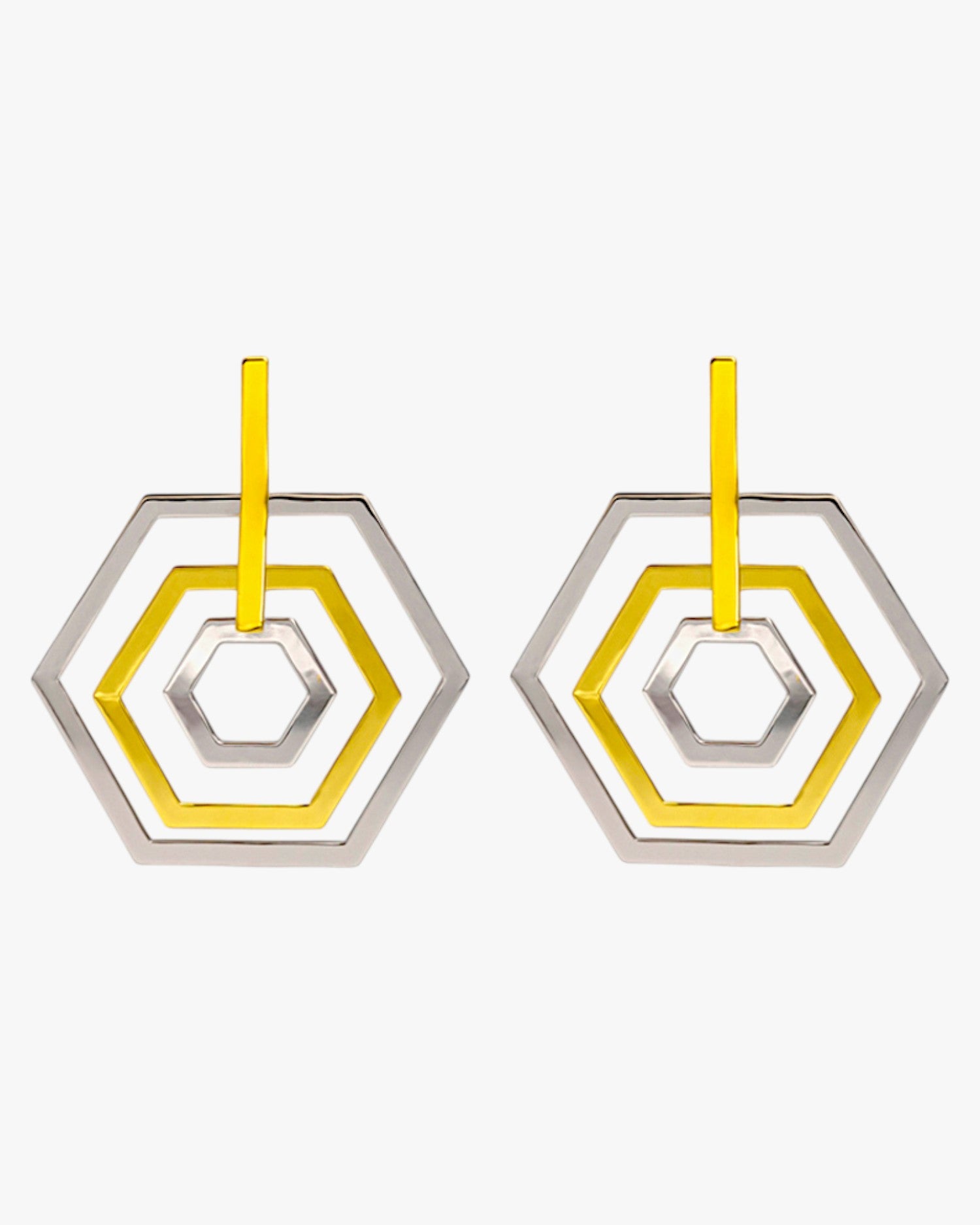 Pendientes de plata hexagonales bicolor en capas