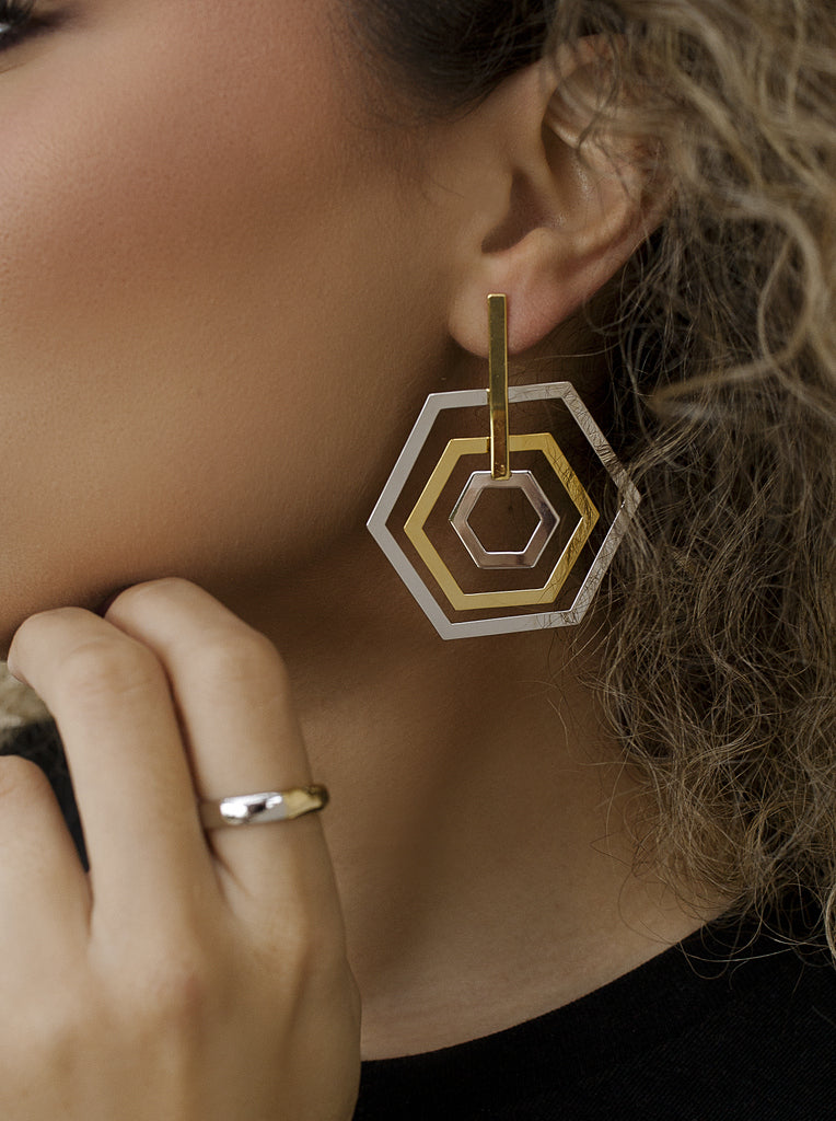 Pendientes de plata hexagonales bicolor en capas