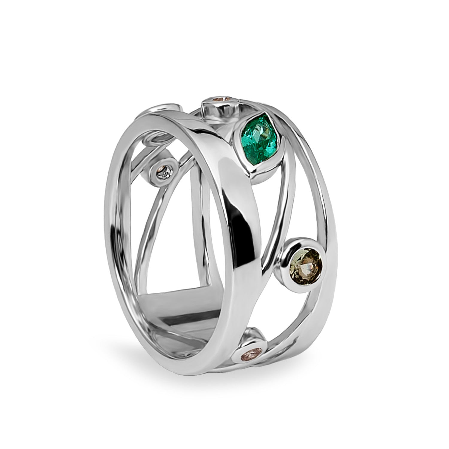 Anillo de plata cruzado con circonitas en tonos verde y champagne