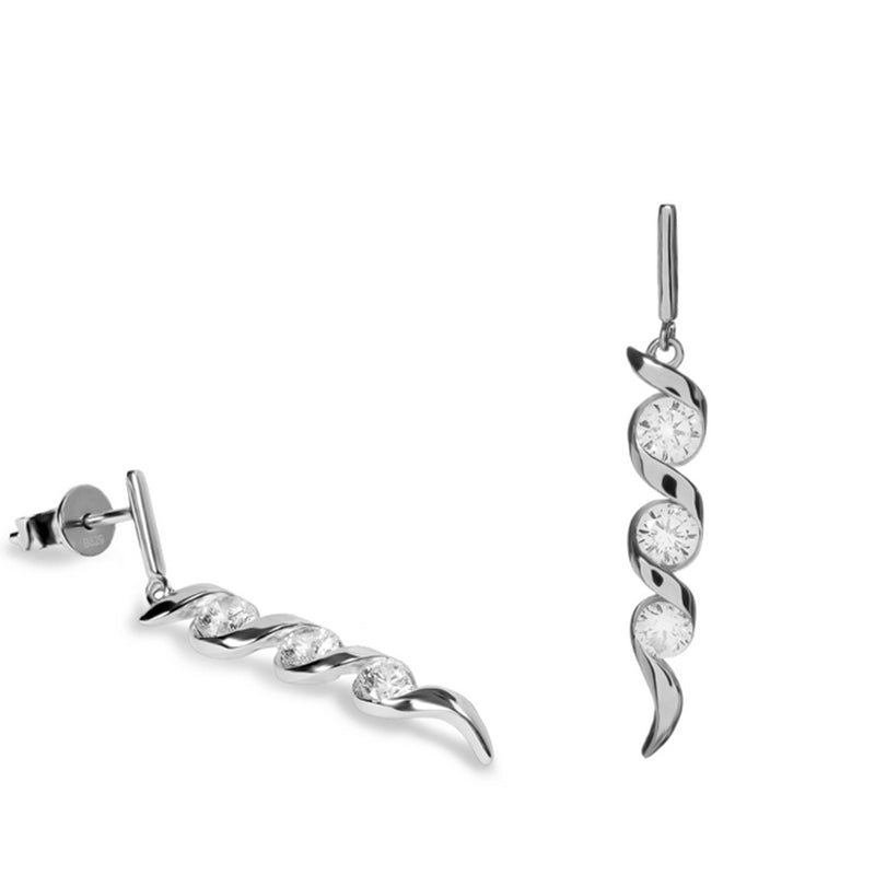 Pendientes largos de plata diseño espiral con circonitas