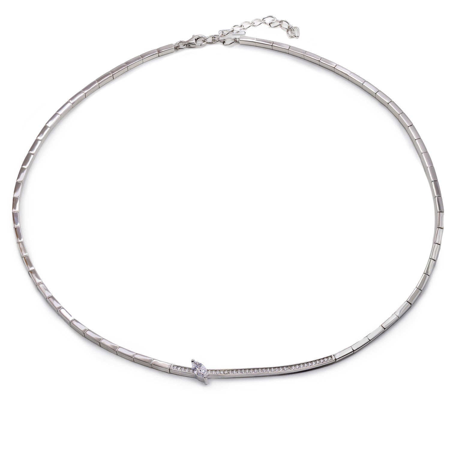 Rigid silver structure necklace with marquise-cut cubic zirconia