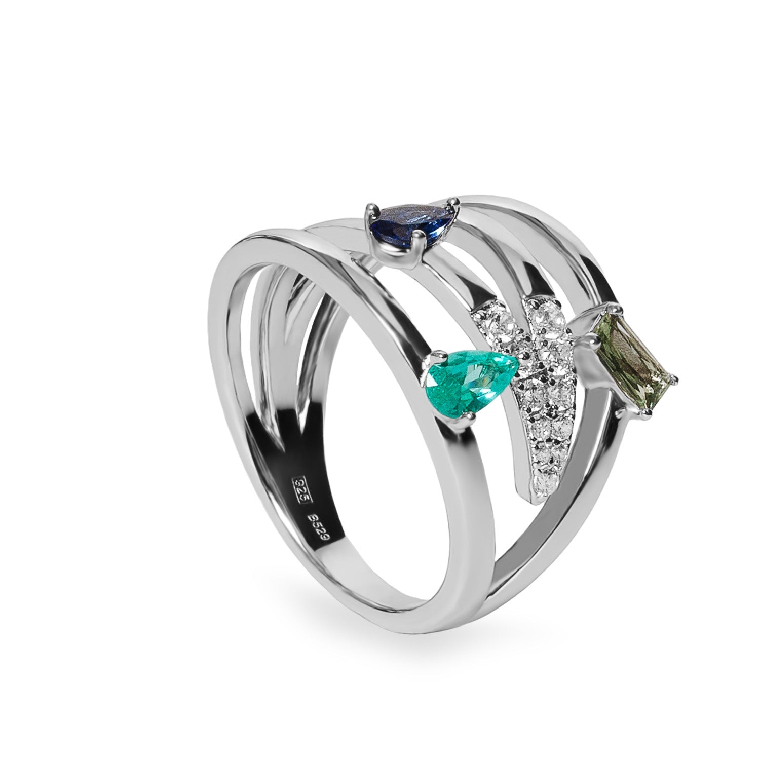 Anillo multitira de plata con circonitas multicolor