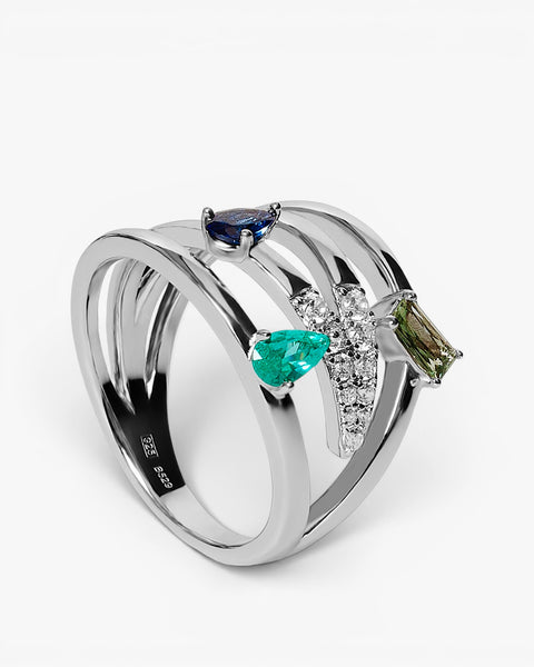 Sterling silver multi-band ring with multi-colored cubic zirconia