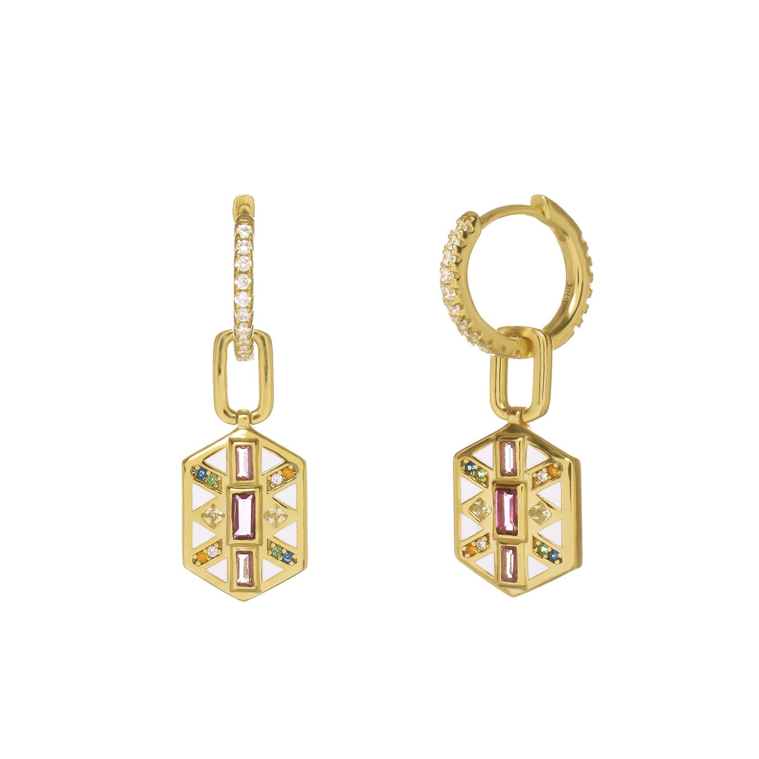 Pendientes aro de plata bañada en oro con colgante geométrico multicolor