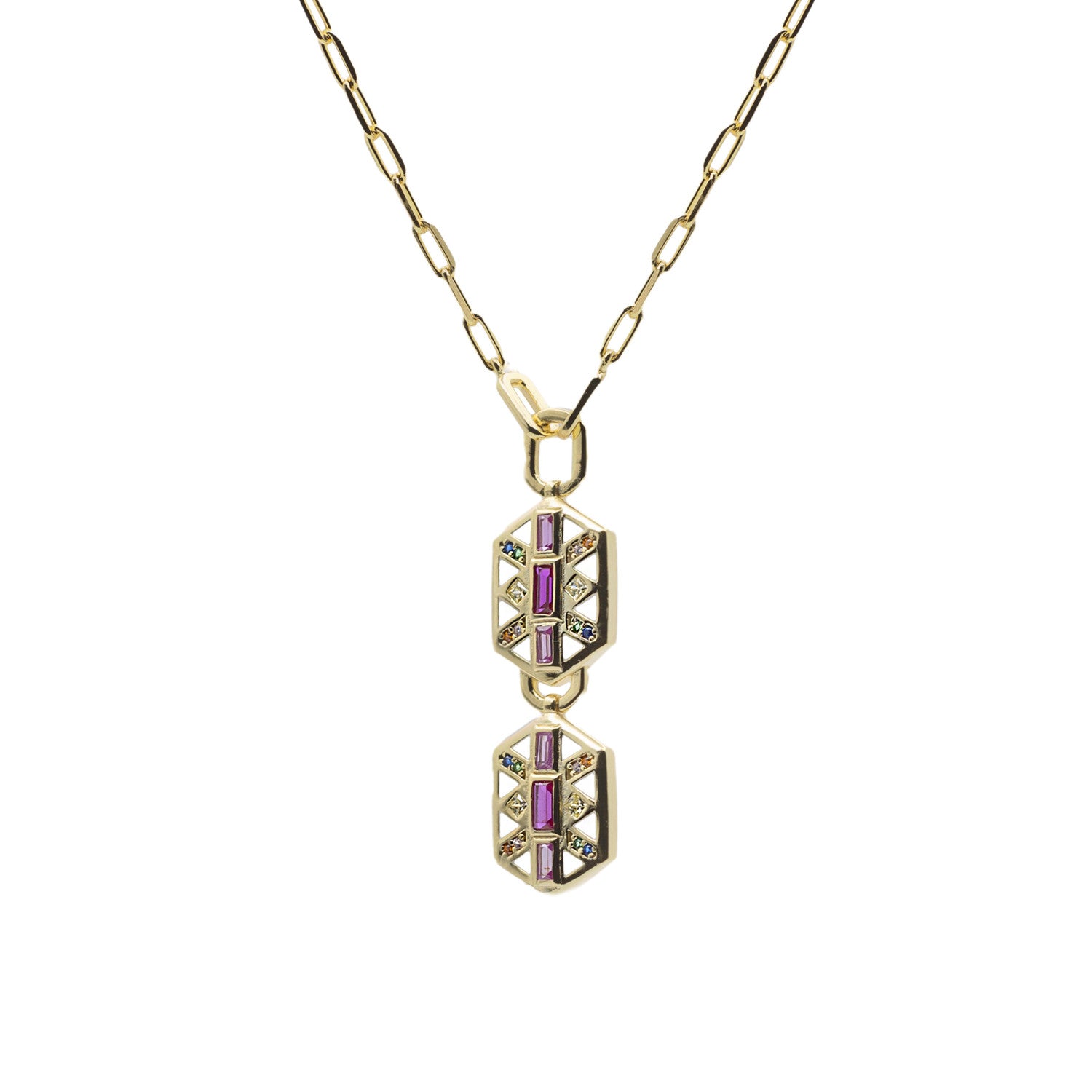 Collar de plata bañada en oro con colgante doble geométrico y circonitas multicolor