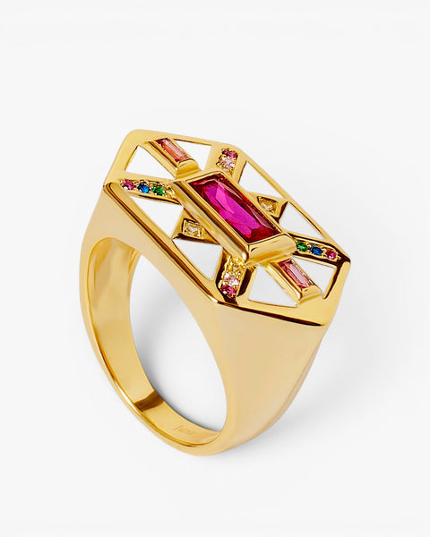 Anillo sello de plata bañada en oro con esmalte blanco y circonitas multicolor