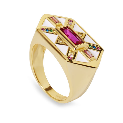 Anillo sello de plata bañada en oro con esmalte blanco y circonitas multicolor