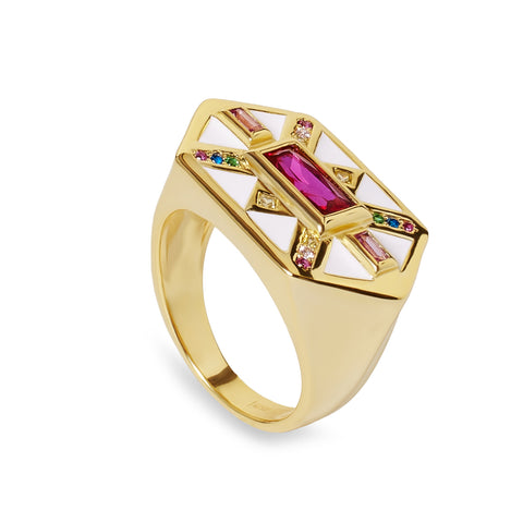 Anillo sello de plata bañada en oro con esmalte blanco y circonitas multicolor