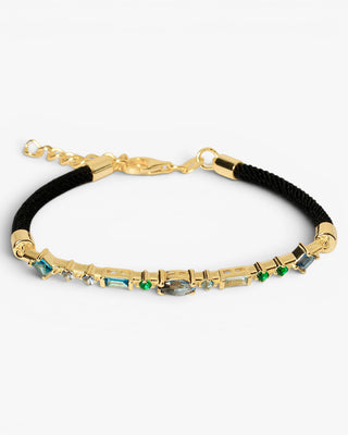 Pulsera de plata con piedras azules y cordón negro